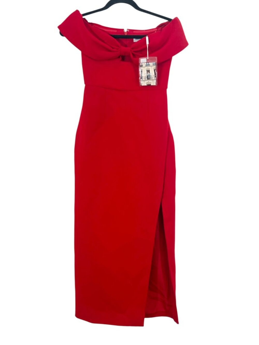 Self Portrait Crepe Bow Off Shoulder Midi Dress Red New $510
